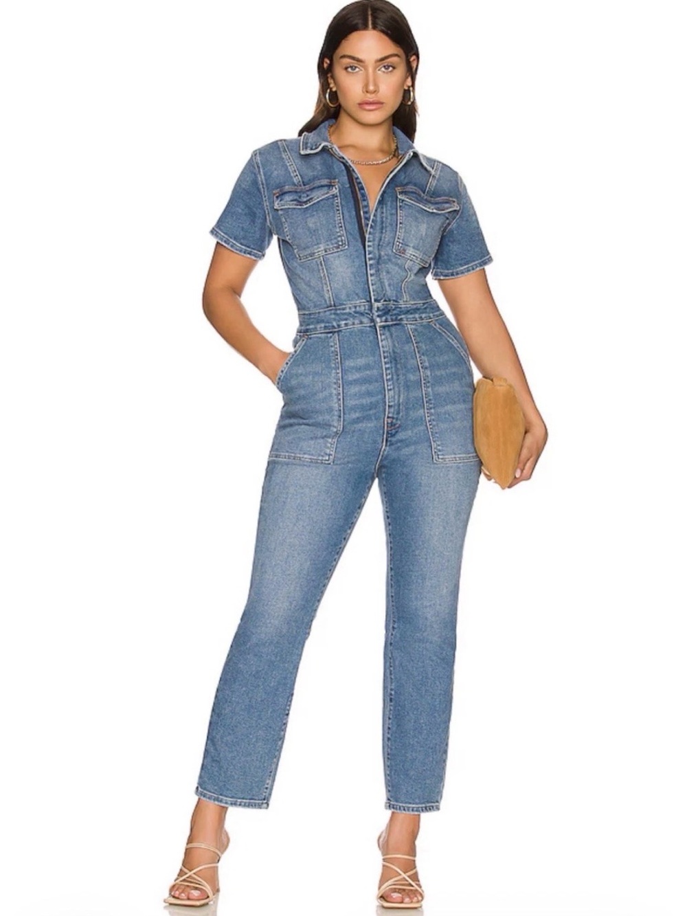 GOOD AMERICAN Stretch Straight Leg Jumpsuit Mid Blue Women's Size Small NWT $199